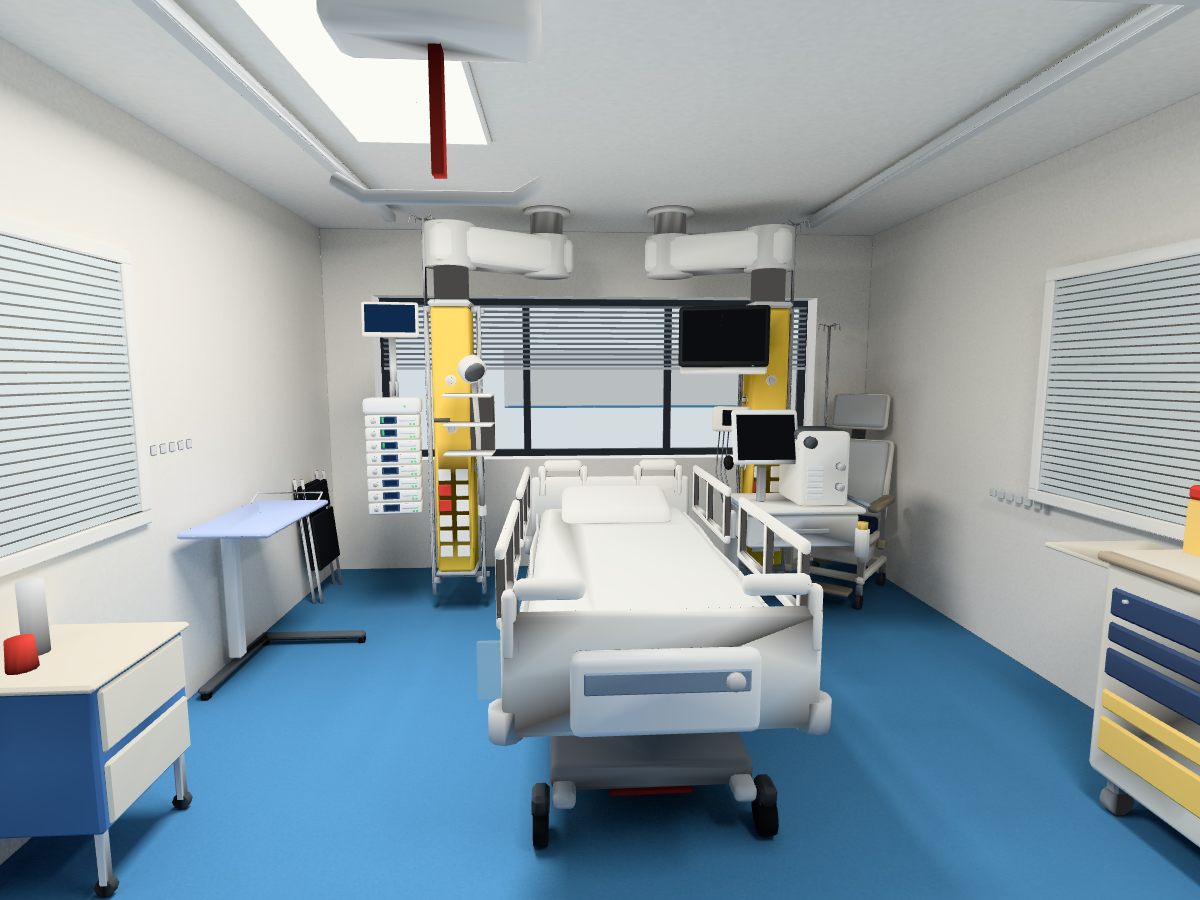 Aperçu de la visite en 3D : une chambre de réanimation vide, avec le lit, les colonnes jaunes fixées au plafond et les appareils.